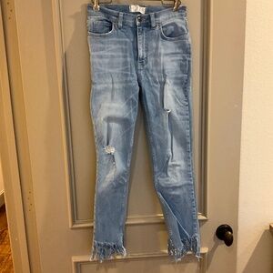 FREE PEOPLE Great Heights Frayed Skinny Jeans Regal Blue Size 27 Mid Rise